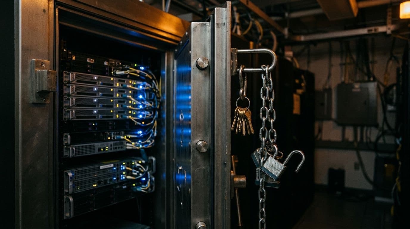 A dim server room with security appliances on a rack, brass keys and an open padlock hanging beside them.