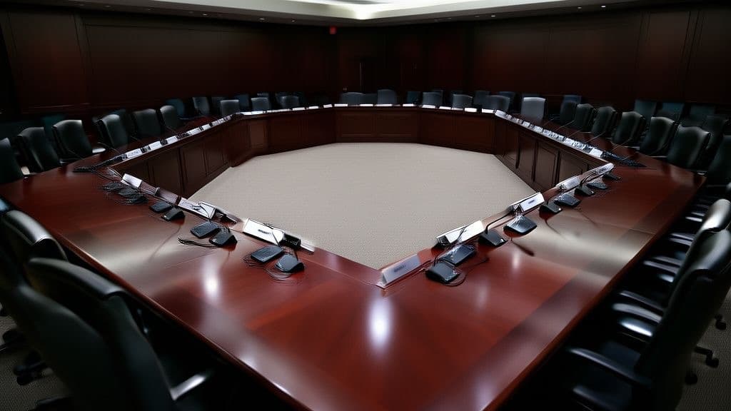 An empty Federal Reserve boardroom table arranged in a horseshoe with name-plate microphones, no people, muted institutional lighting.