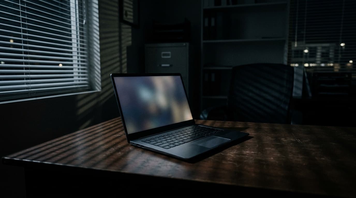 A laptop open on an otherwise empty desk in a dim office at night, the screen's glow the only light in the room, no people visible.