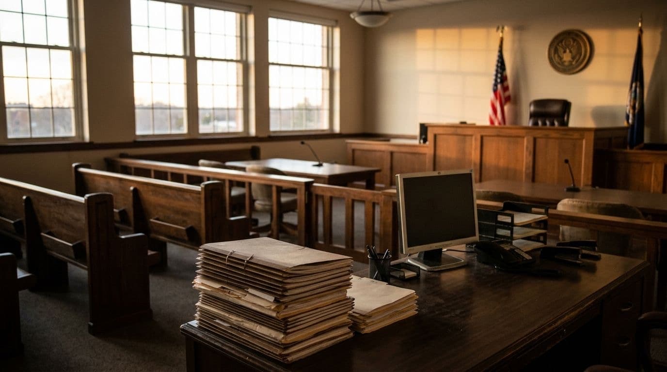 Empty immigration courtroom at dusk with wooden benches facing the judge's bench and case folders on a desk