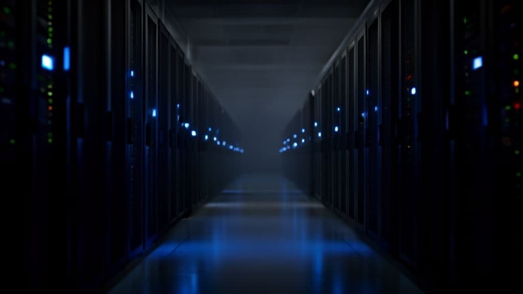 A dark data center server corridor lit by blue LED indicator lights, rows of racks receding into shadow, no people visible.