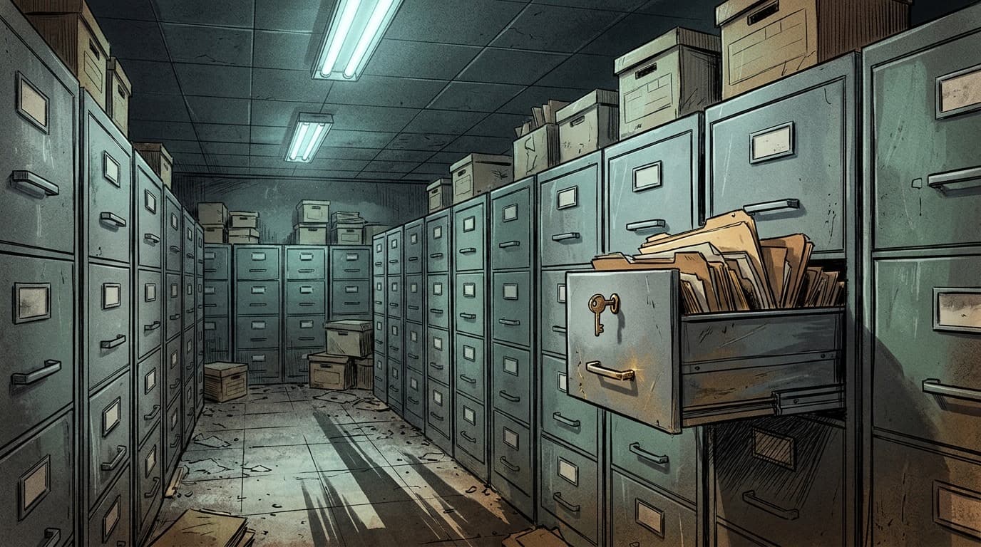 A gray federal records room with a filing cabinet drawer pulled open and a brass key left in the lock, no people.