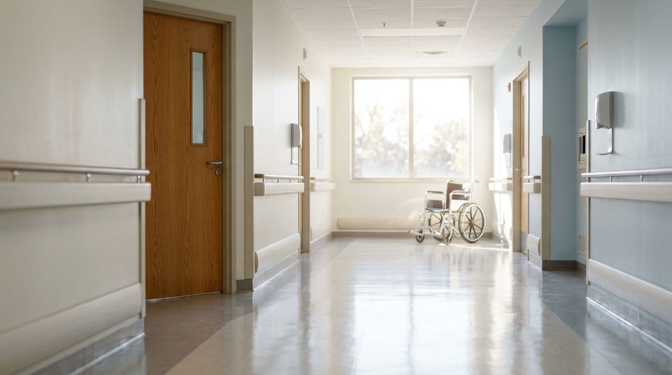 Empty hospital corridor with polished floors, a closed wooden door and a wheelchair beside a sunlit window