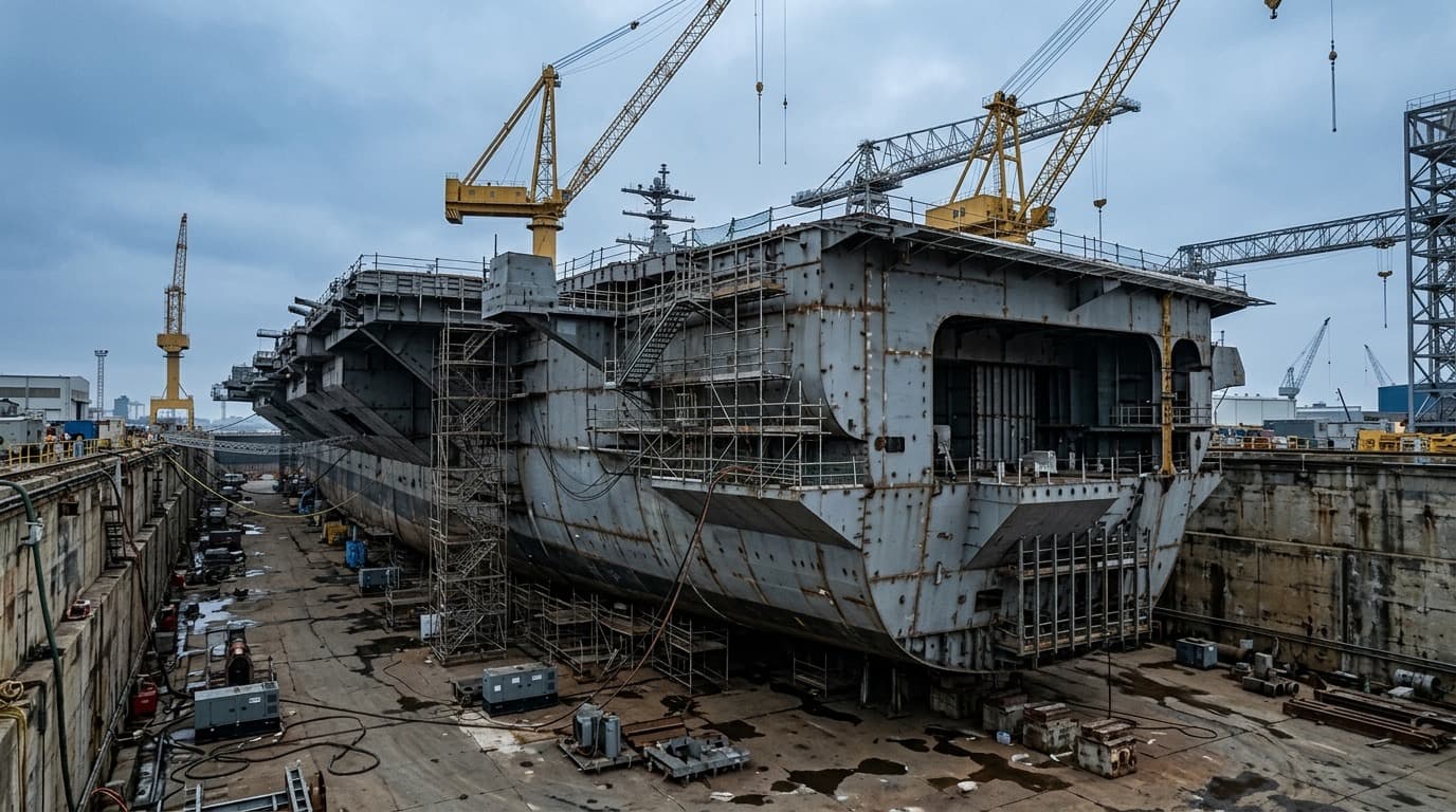 A gray Navy aircraft carrier hull under construction in a shipyard dry dock, cranes overhead, overcast daylight, no people, no text.