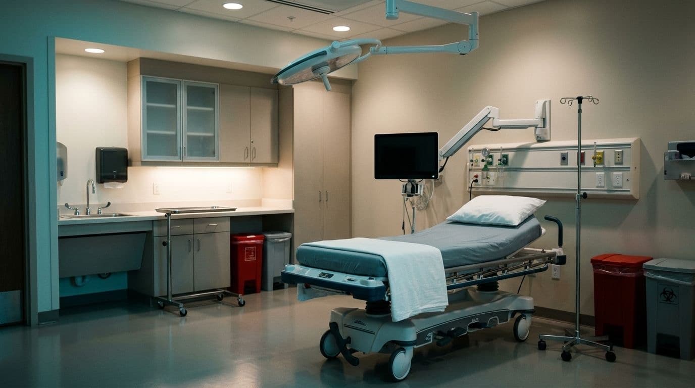 An empty hospital procedure room with a made stretcher bed and a powered-off monitor under cool teal light