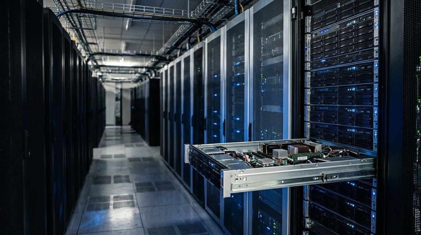 Rows of server racks along a dim data center aisle lit by cool blue light.