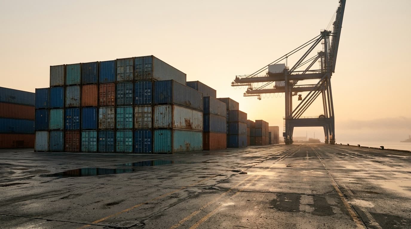 A container port at dawn with stacks of plain shipping containers and a single gantry crane against a pale amber sky, no people.