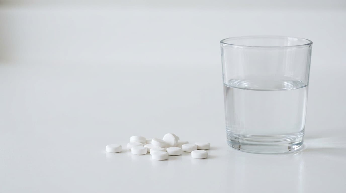 A small loose pile of plain white round tablets scattered on a plain white clinical countertop beside a glass of water, soft overhead light, no bottle, no packaging, no people, no text anywhere.