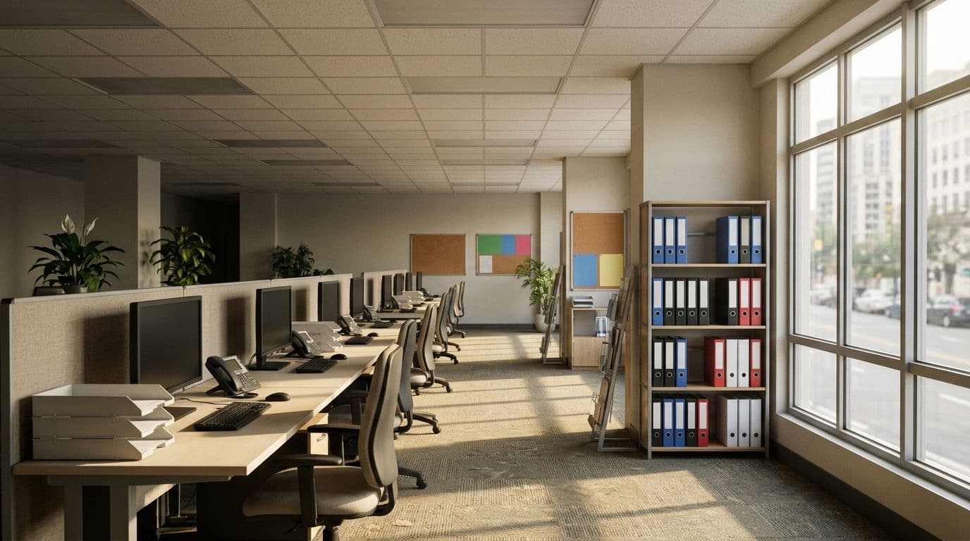 Rows of empty office desks with dark computer monitors in a bright hallway beside a tall city-facing window