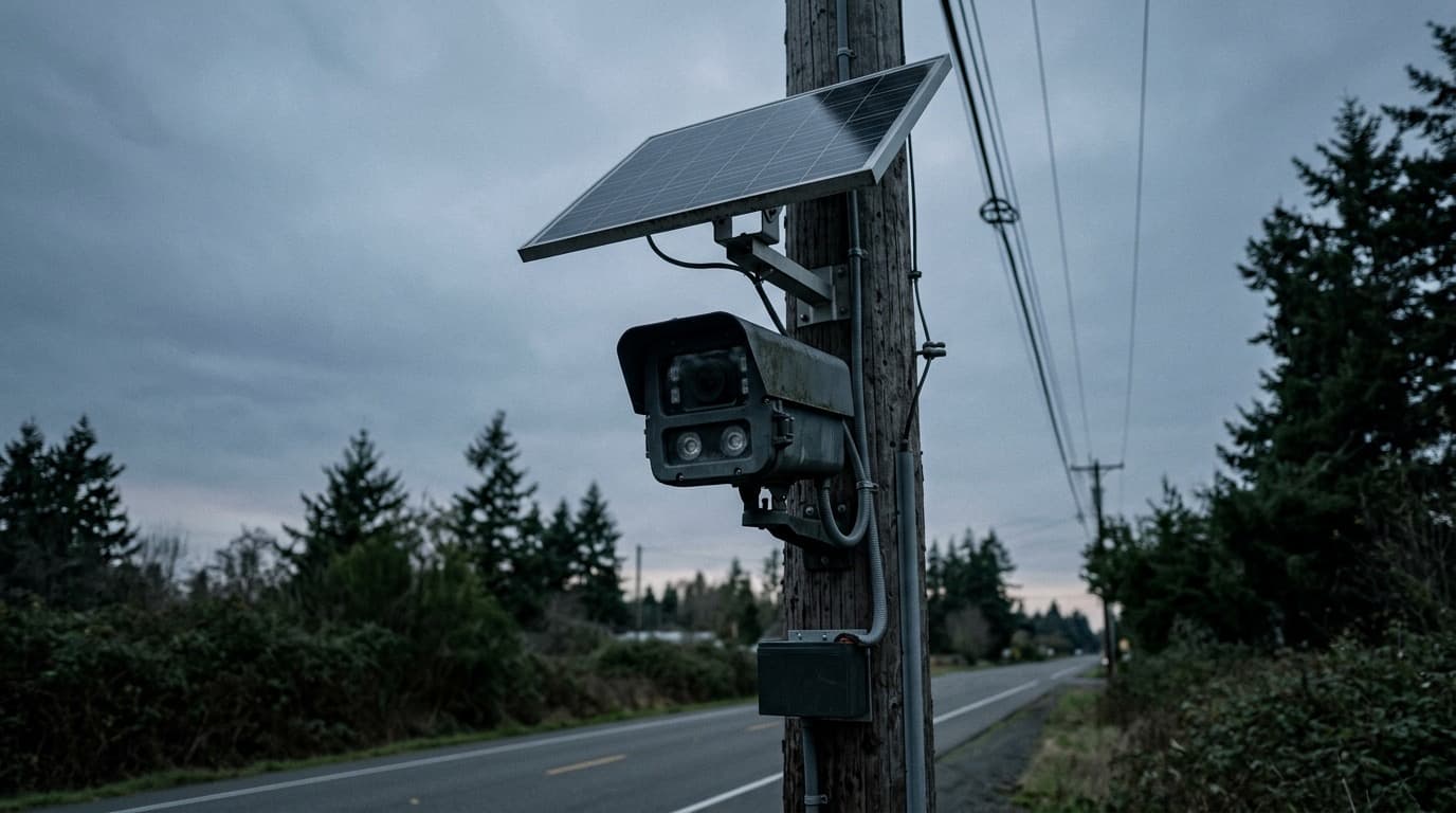An automated license plate reader camera mounted on a utility pole beside a quiet highway at overcast dusk, no people, no text.