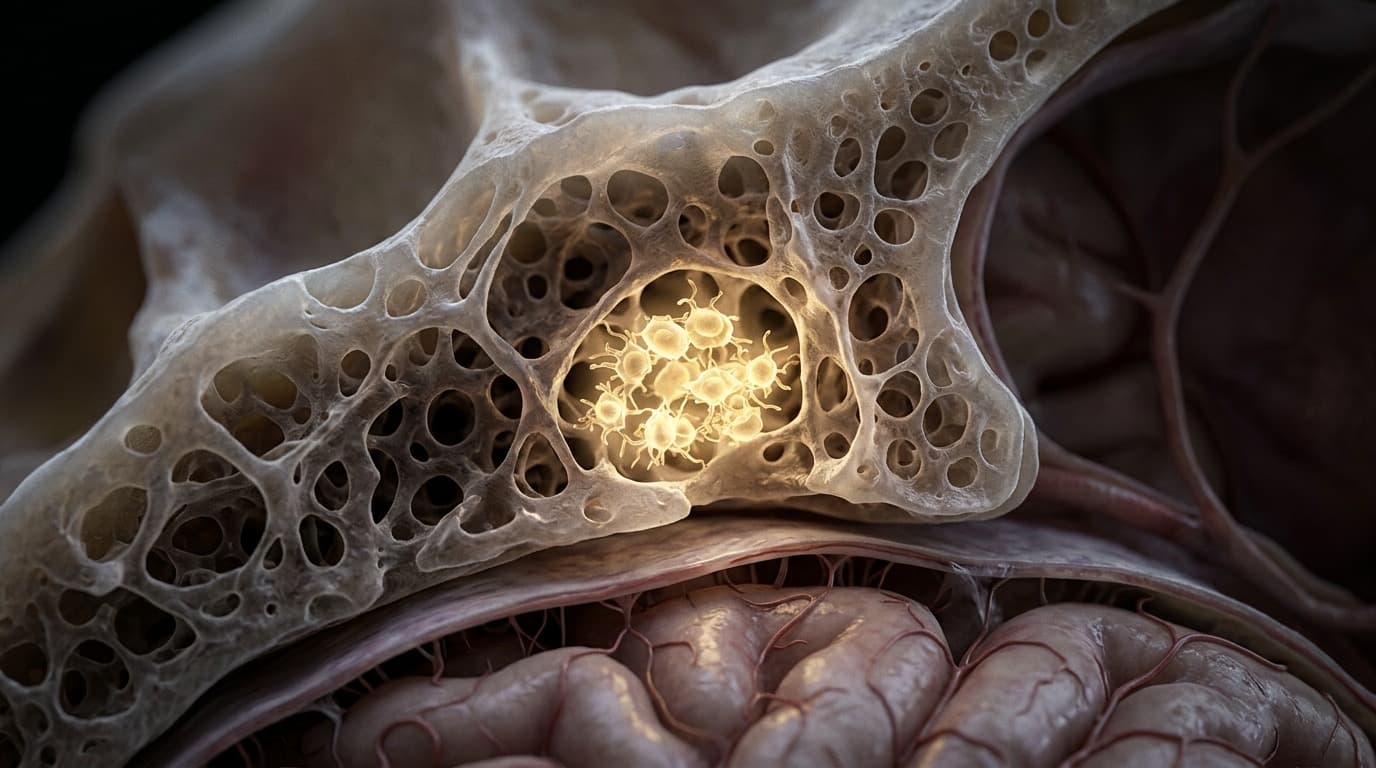 Close-up illustration of translucent skull bone with a faint cluster of glowing immune cells nested inside near the brain, no text or people.