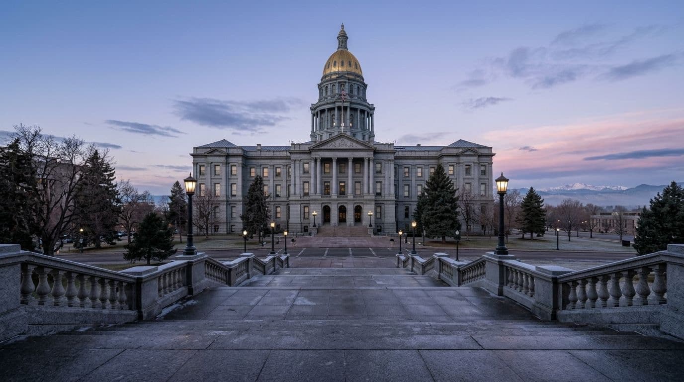 The gold dome of the Colorado State Capitol in Denver at dawn, seen from the granite steps with distant snowy mountains.