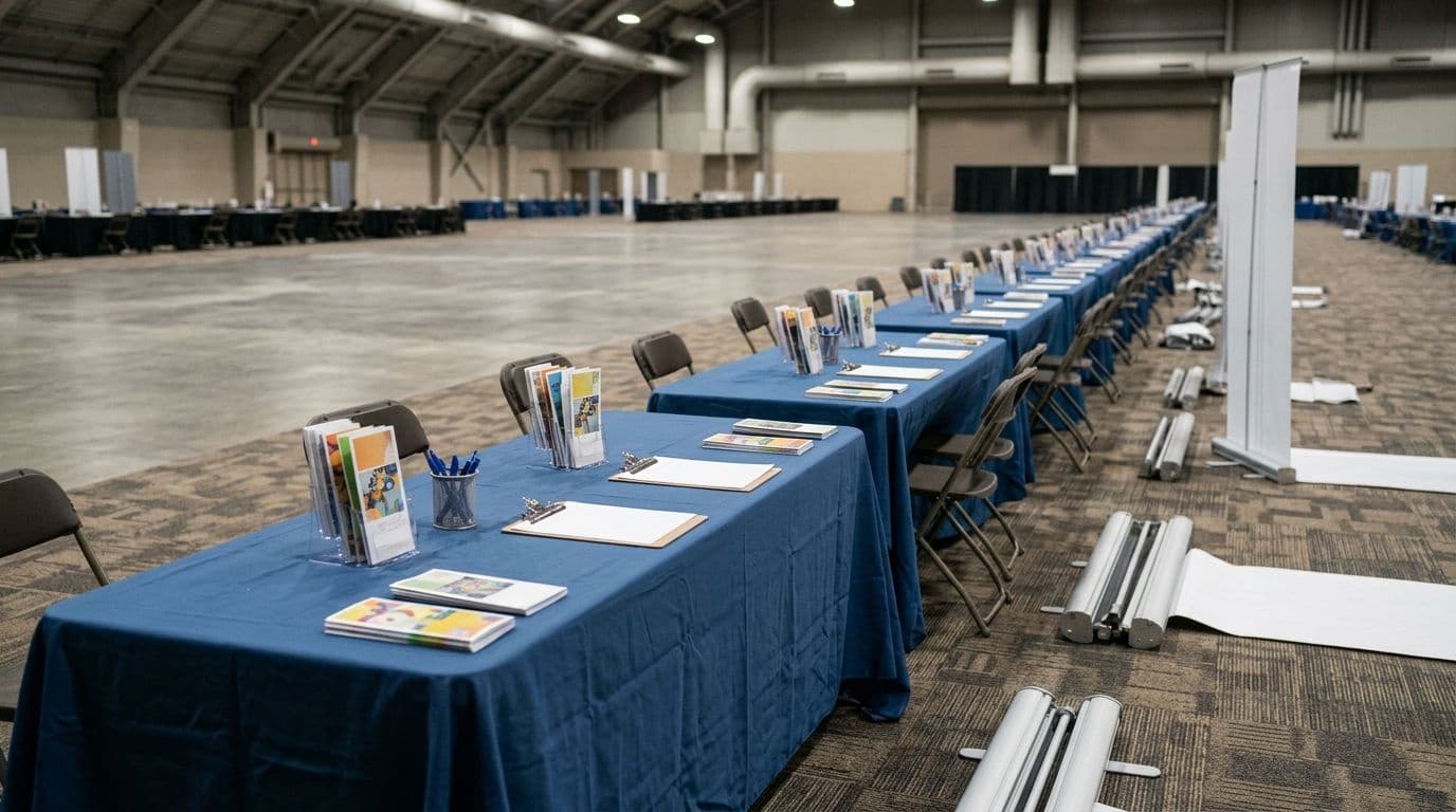 Rows of empty folding tables with blank clipboards and brochures in a quiet convention hall under soft light