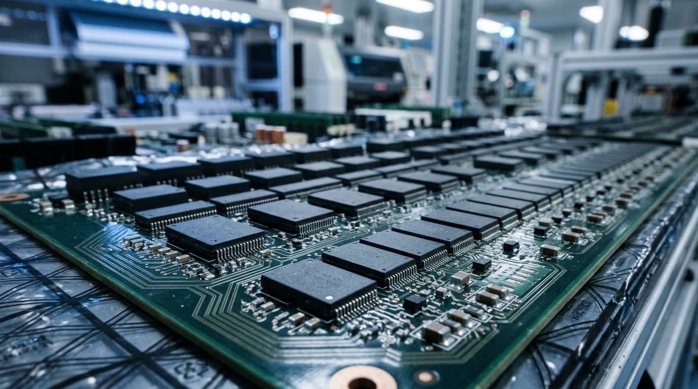 Rows of DRAM memory chips on a circuit board under cool industrial lighting, no people, no text.