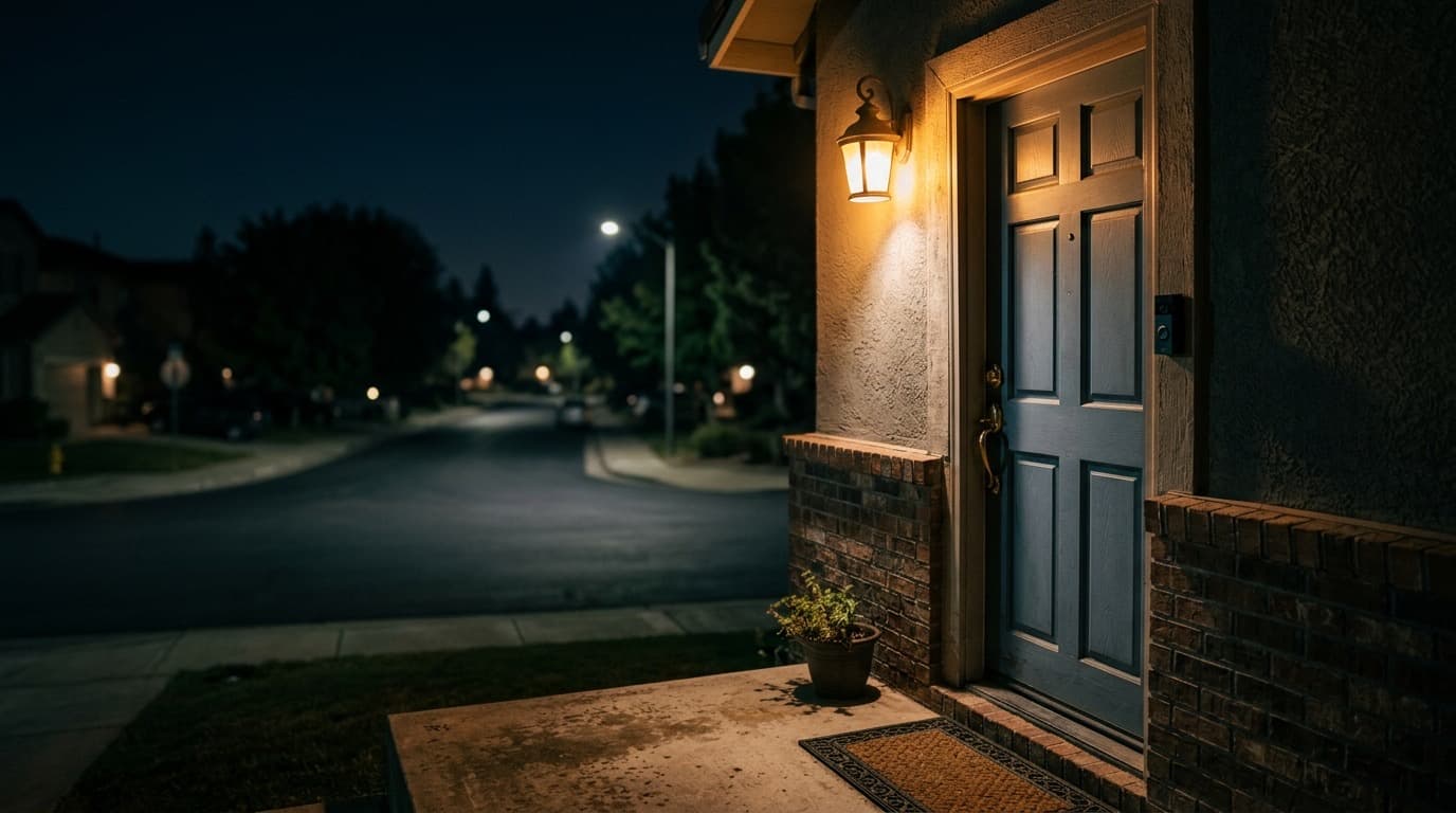 A porch light glowing over a closed front door at night, a doorbell camera mounted beside the frame, an empty dark street in the background, no people, no readable text.
