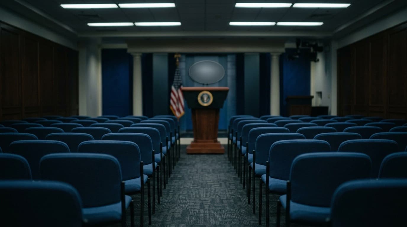 An empty White House press briefing room with rows of vacant chairs and a bare podium under fluorescent light, no people, no readable text.