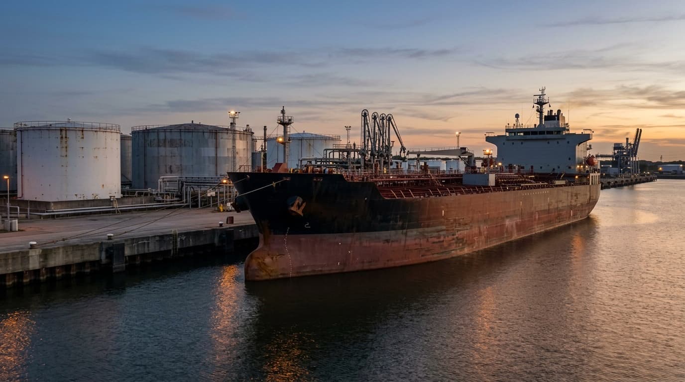 A fuel tanker docked at a harbor terminal at dusk, with diesel storage tanks behind it and no people in view.
