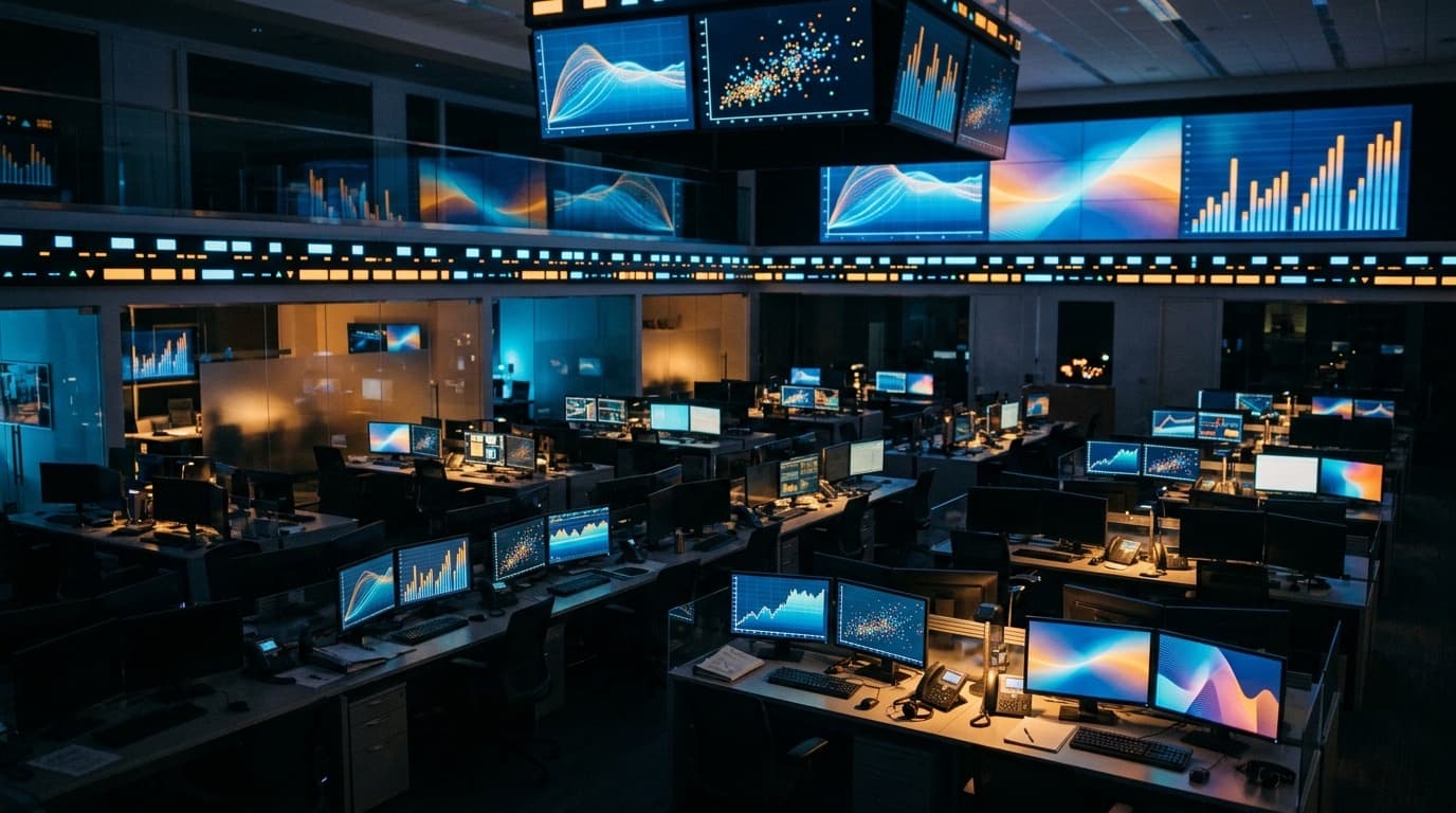 A row of digital stock ticker and bond yield displays glowing against a dark trading floor, no people, no text.