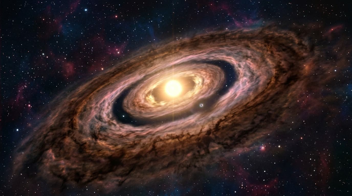 Illustration of a dusty protoplanetary disk around a young star with a visible gap where a forming planet has cleared a lane through the debris, no text or people.
