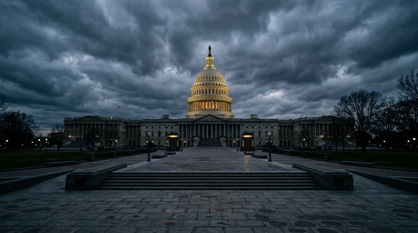 Wide view of the U.S. Capitol dome at dusk under a moody overcast sky, no people, no text anywhere.