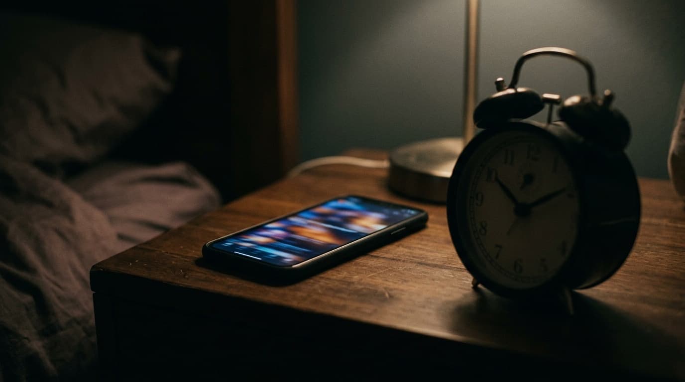 A smartphone resting face up on a nightstand in a dim bedroom, its screen glowing with blurred colorful motion, a simple analog clock visible beside it in soft focus, no people or text in the frame.