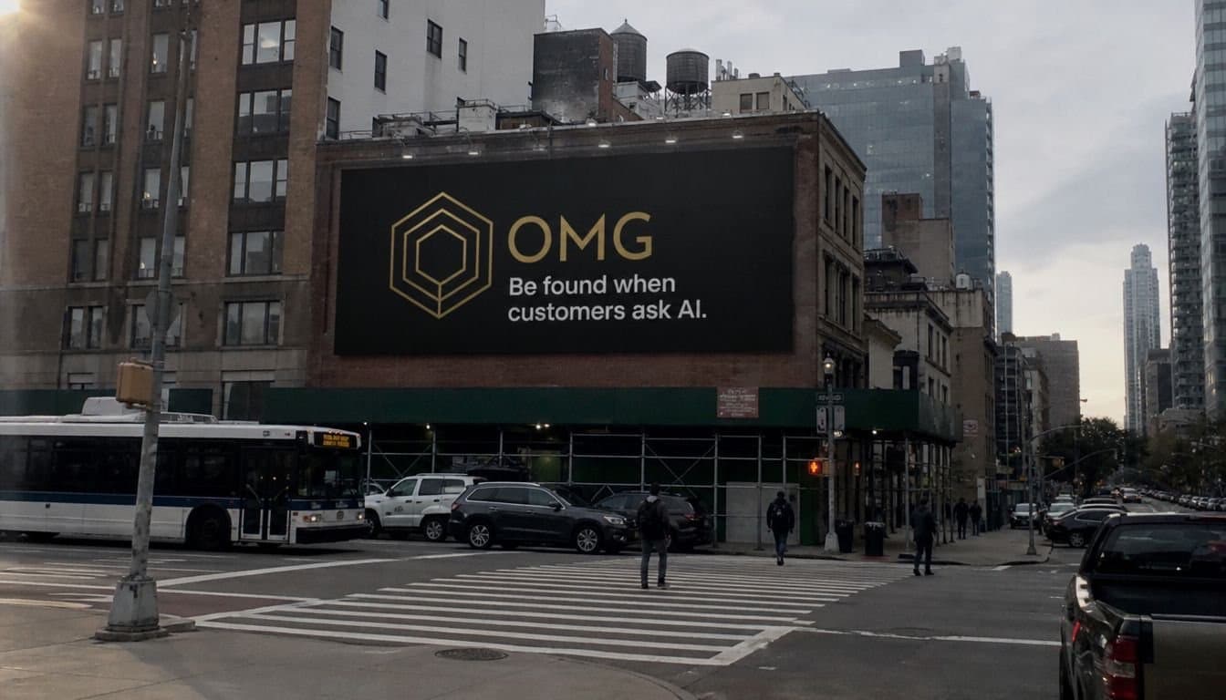 A black billboard with a gold hexagon logo, the letters OMG and the line Be found when customers ask AI, mounted on a brick building at a downtown intersection with a city bus and pedestrians crossing.