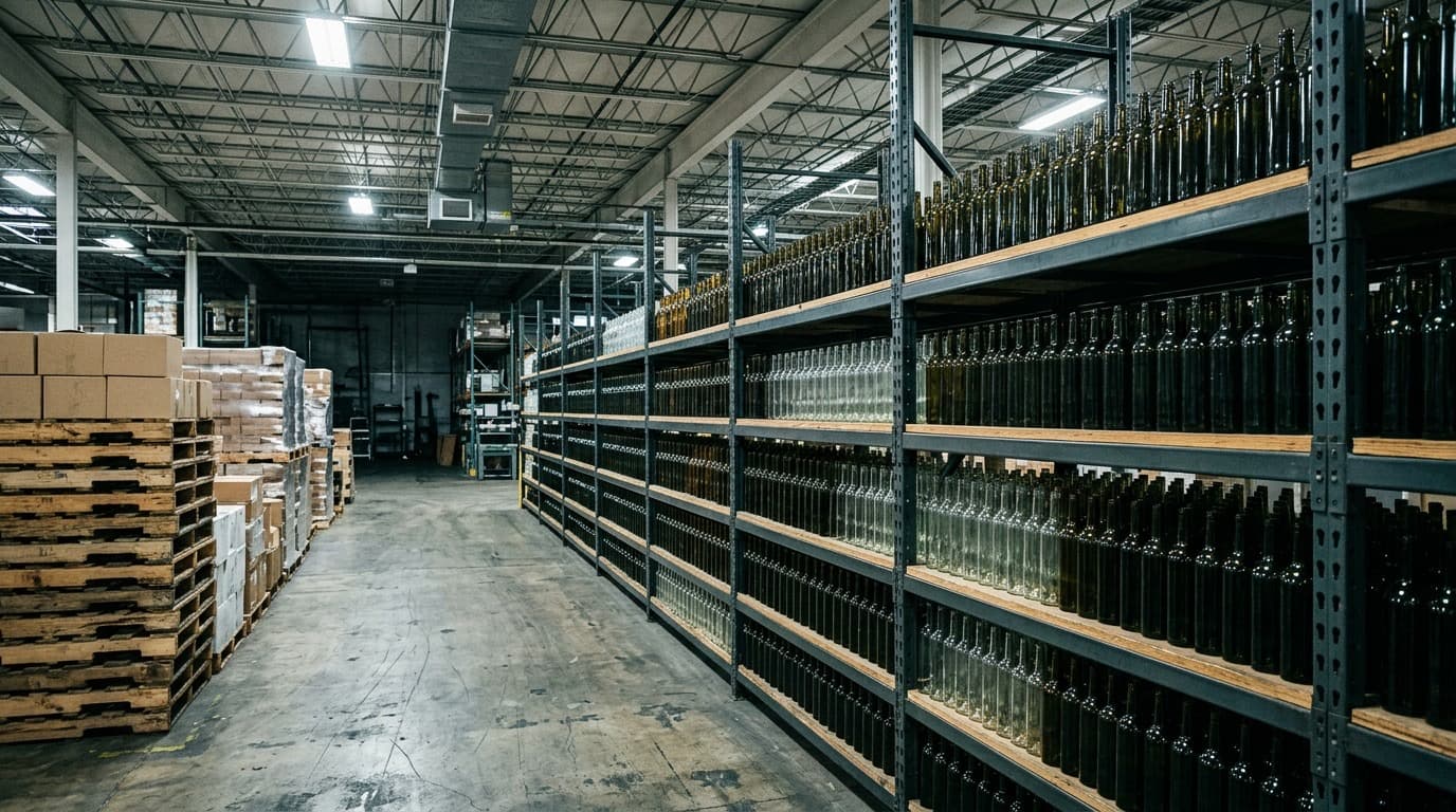 Rows of wine and liquor bottles on a warehouse shelf beside stacked wooden shipping pallets, no people, no text or labels legible.