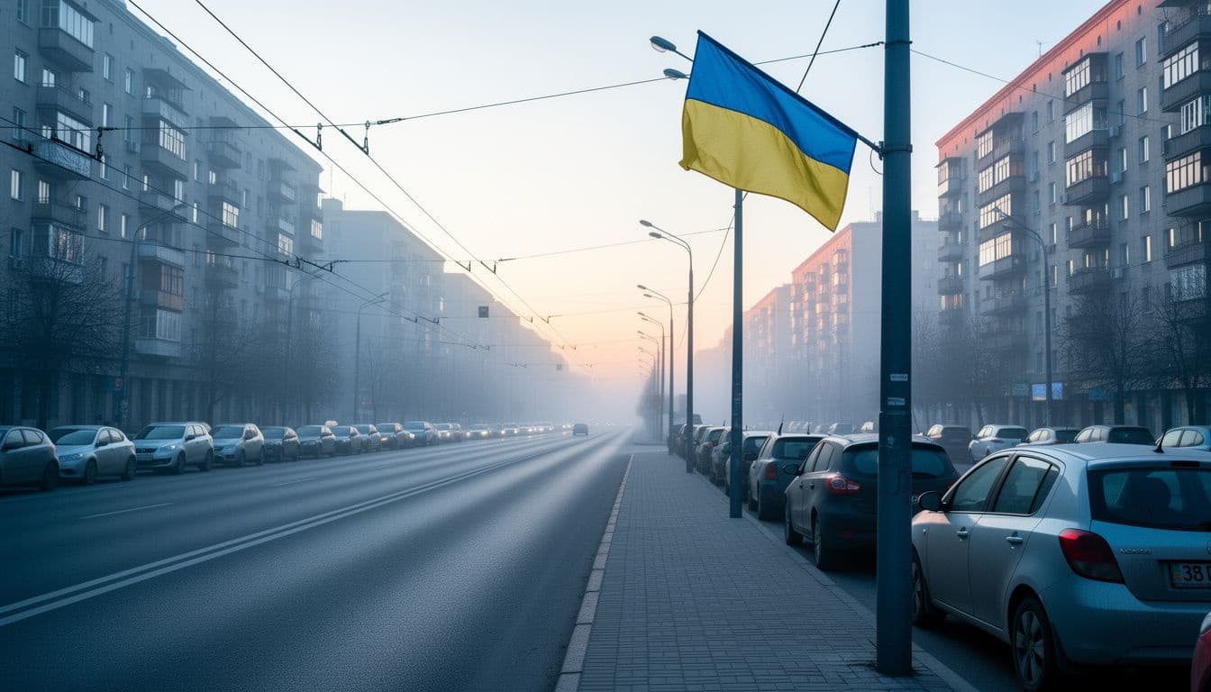 A blue and yellow flag on a pole over an empty apartment block street at dawn