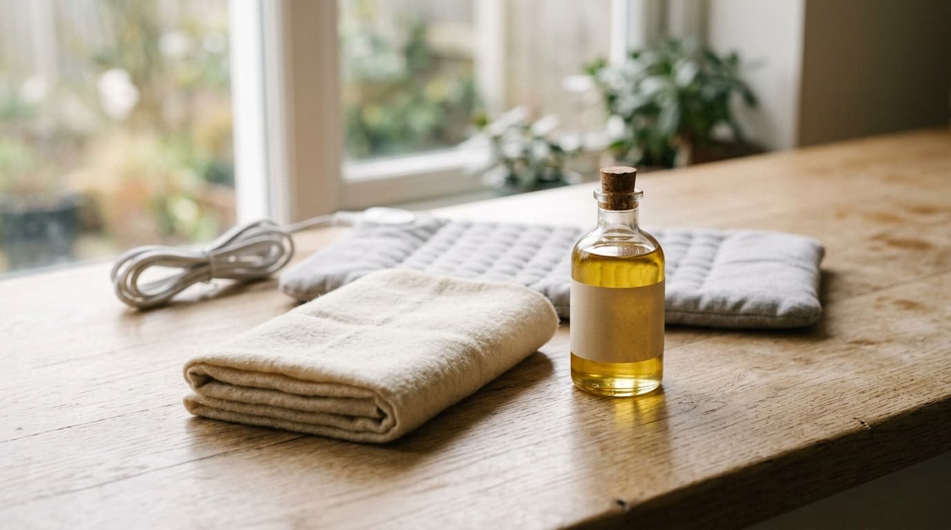 A glass bottle of golden castor oil beside a folded wool flannel cloth and a heating pad on a plain counter, no people, no text.