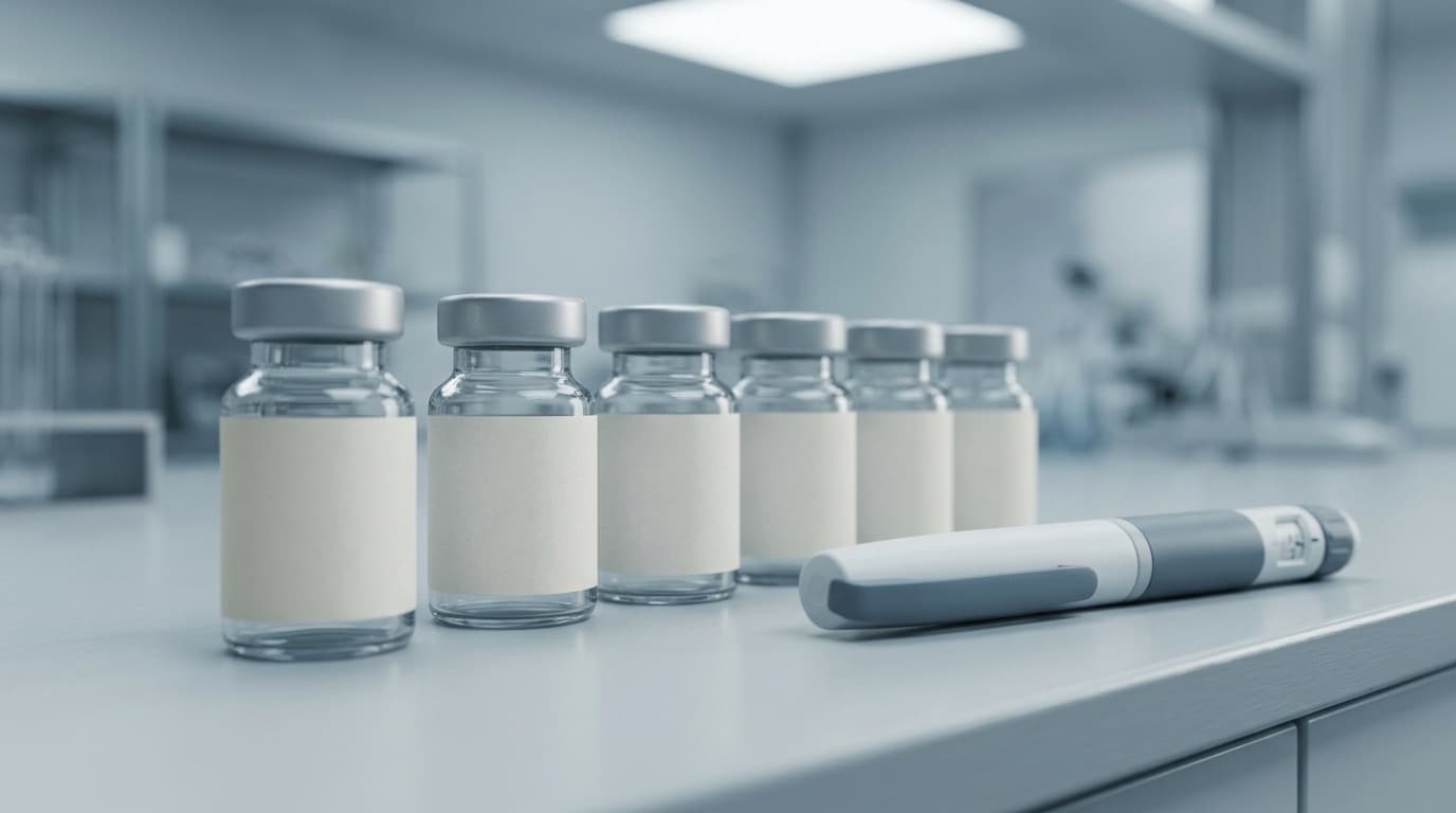 A row of unlabeled glass vials and a weekly injection pen on a clean clinical counter under soft lab lighting, no people visible, no text anywhere.