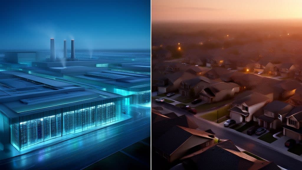 Rows of dark server racks under cool blue light stretching toward a hazy horizon of low suburban rooftops in the distance, no people, no text