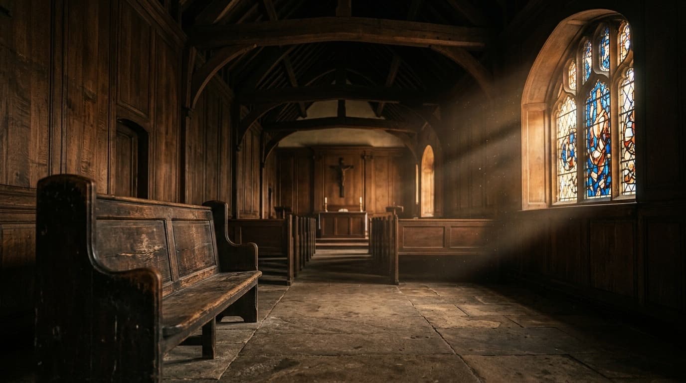 A dim, empty wood-paneled chapel interior with warm late-afternoon light through a stained glass window and an old wooden pew in the foreground, no people, no text anywhere.