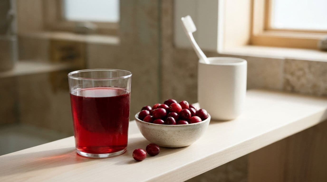 A glass of deep red cranberry juice beside a bowl of fresh cranberries on a wooden shelf with a toothbrush behind.