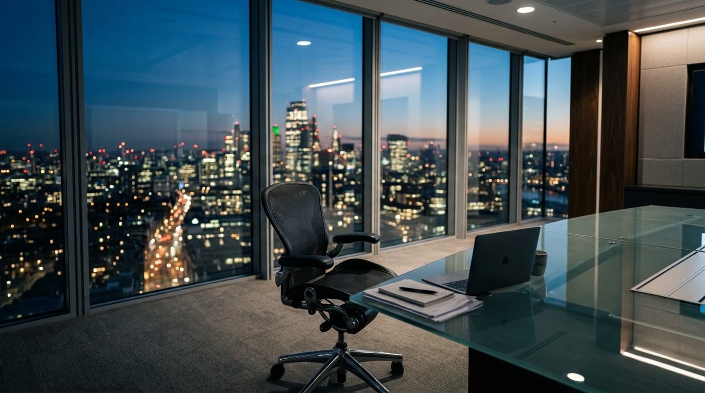An empty executive office chair pushed back from a glass conference table, a closed laptop and papers left behind, a blurred city skyline at dusk through floor-to-ceiling windows, no people, no text.