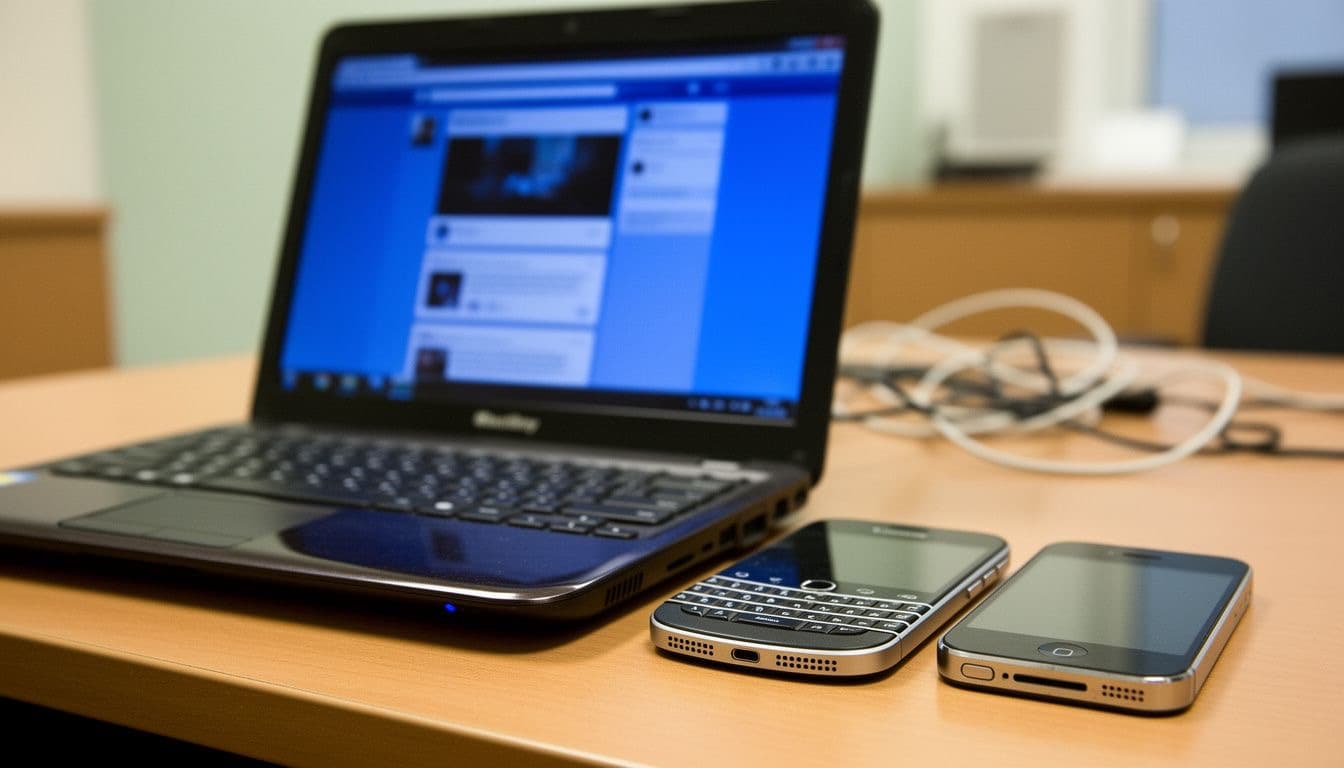 Glossy 2012 laptop showing a blue social network page beside a BlackBerry and an iPhone