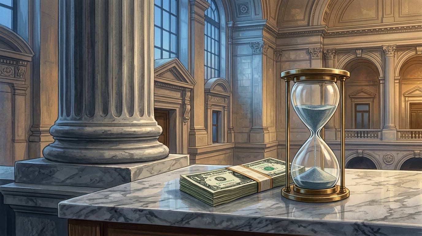 Editorial illustration of a small stack of US currency and a translucent glass hourglass on a marble desk beside a stone institutional building column, soft blue and gold lighting, no people, no text