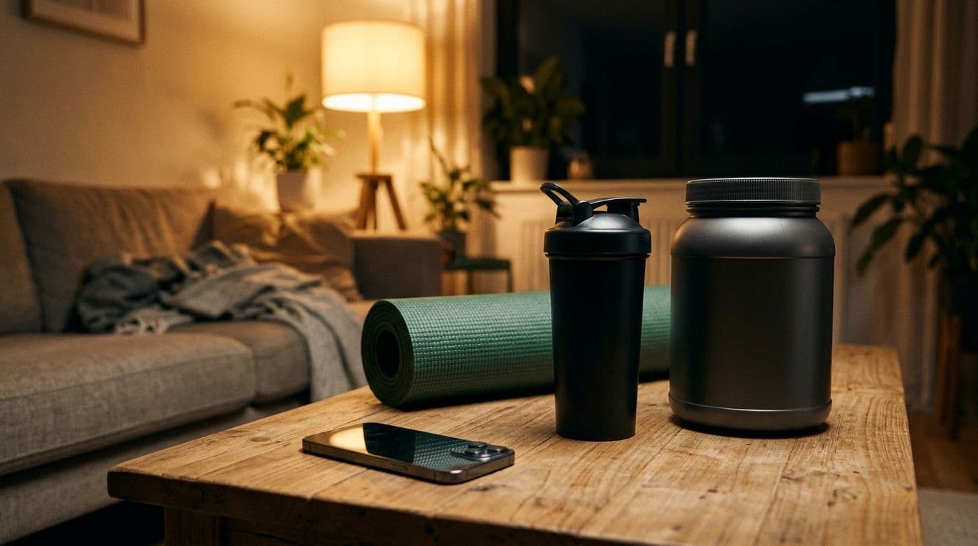 Smartphone, protein shaker, supplement tub and yoga mat on a wooden coffee table in a lamp-lit living room