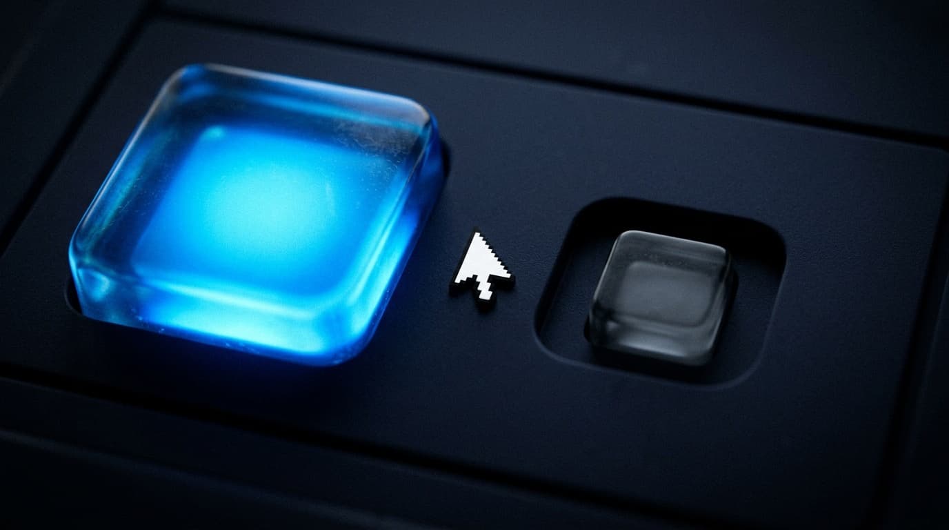 An abstract close-up of a cursor hovering over two unequal buttons on a dark screen, one large and glowing, one small and dim, no readable text, no people.