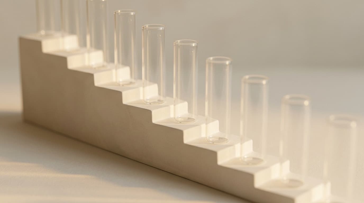 A row of empty glass lab sample tubes arranged in a descending staircase on a pale surface under warm amber light, no people.