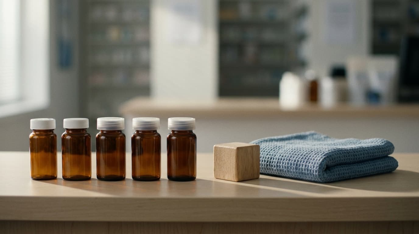 A pharmacy shelf of unlabeled amber pill bottles beside a small wooden toy block, soft window light, no people, no text.