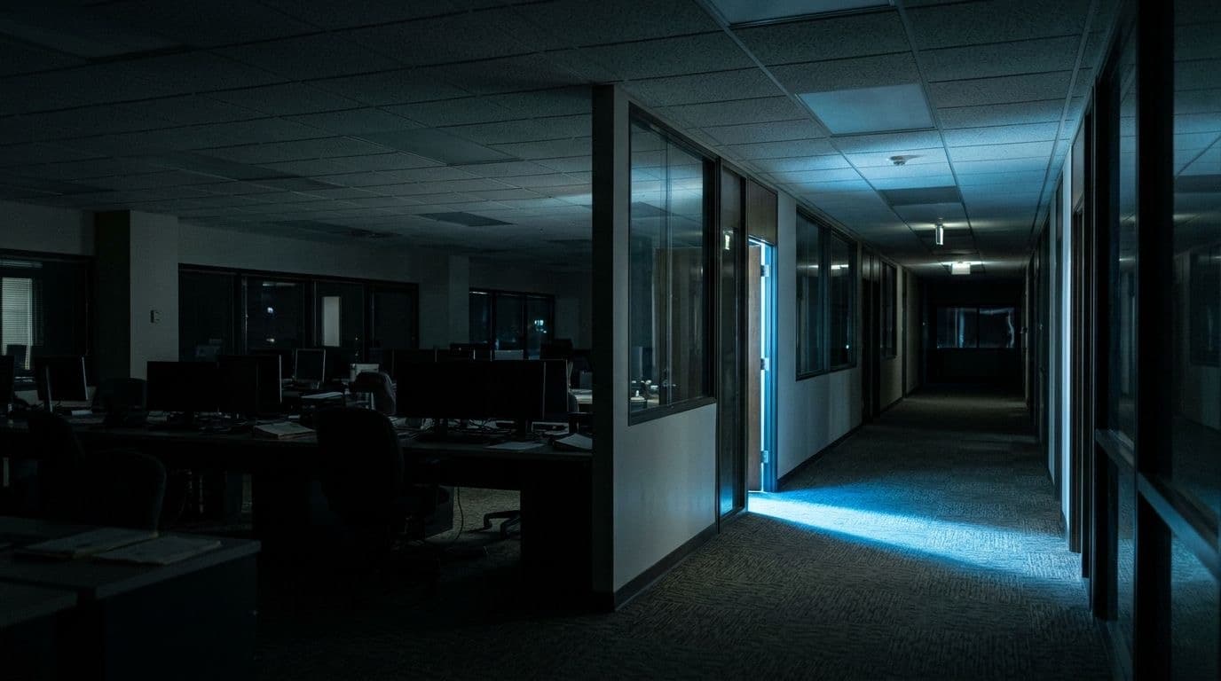 A dim office corridor at night with empty desks, dark monitors and one open door spilling cold light.