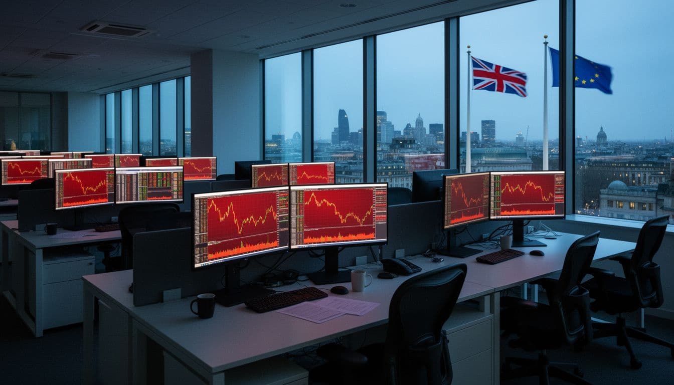 A trading floor with red falling charts on monitors and British and European Union flags outside the window