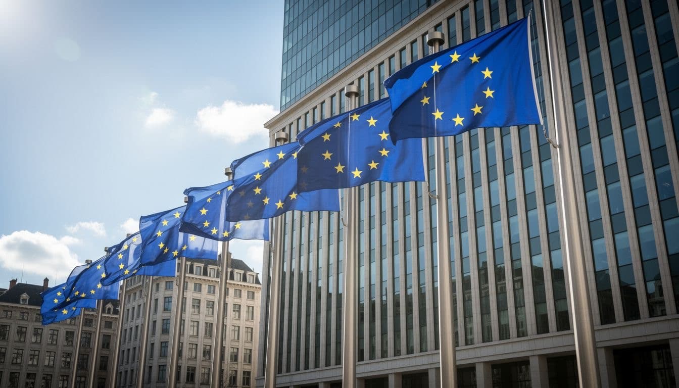 European Union flags outside a Brussels office building