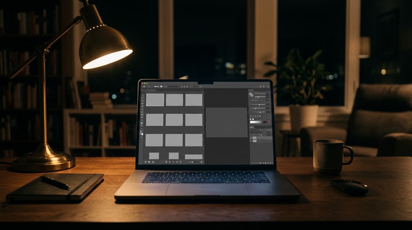A laptop screen showing an abstract photo-editing interface with blank gray placeholder thumbnails, in a dim home office at night, no visible people, no readable text.