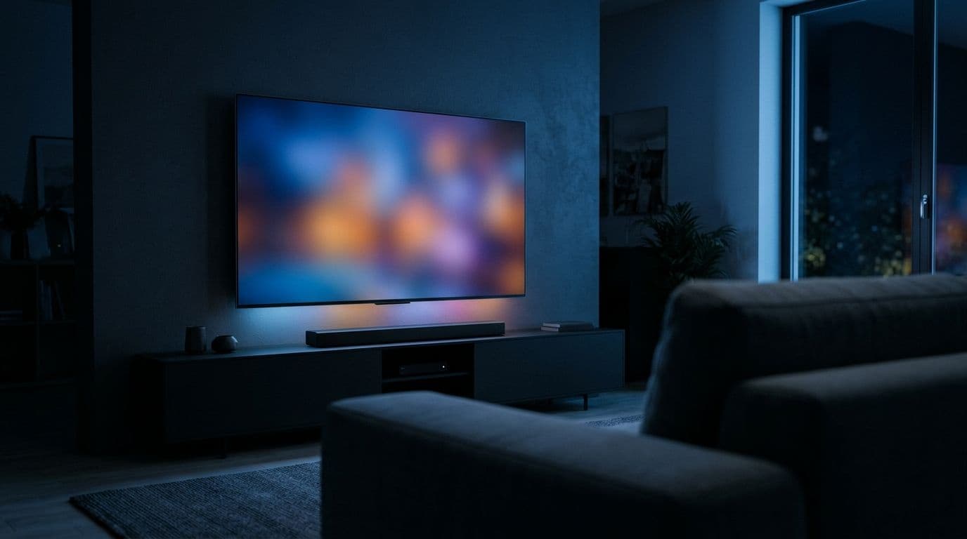 A large flat-screen television glows with soft blurred color in a dark living room, a slim soundbar beneath it.