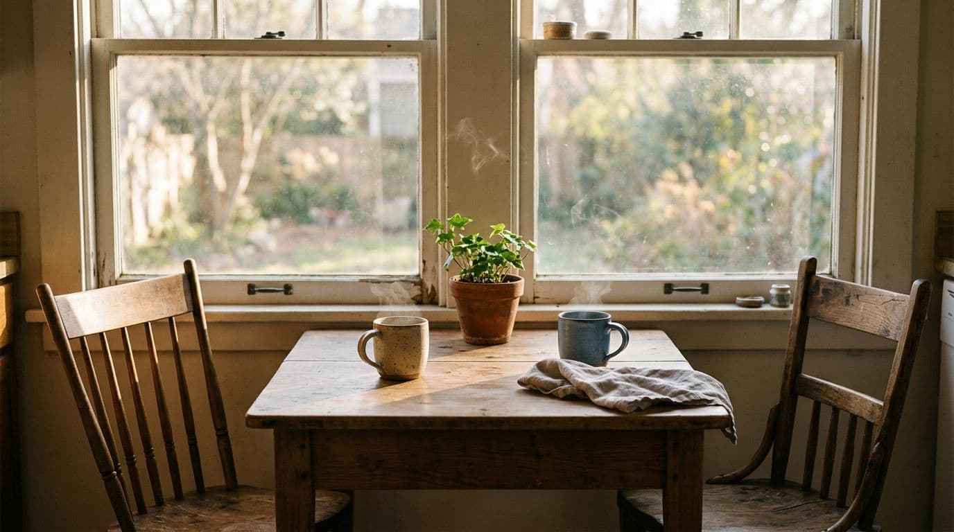 Two steaming mugs of tea sit on a small wooden kitchen table beside a sunny window and two empty chairs.
