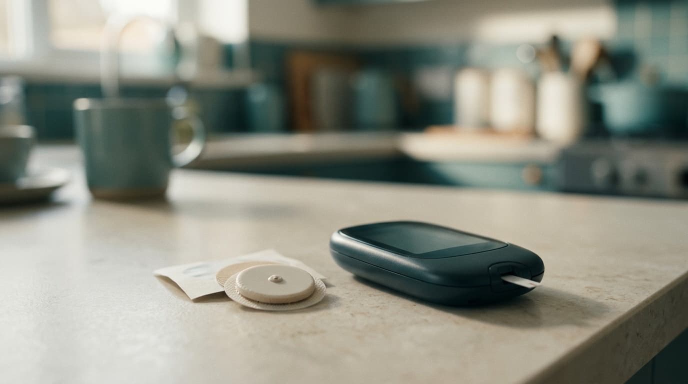 A small wearable glucose sensor patch beside a blood glucose meter on a pale kitchen counter, no people, no text.