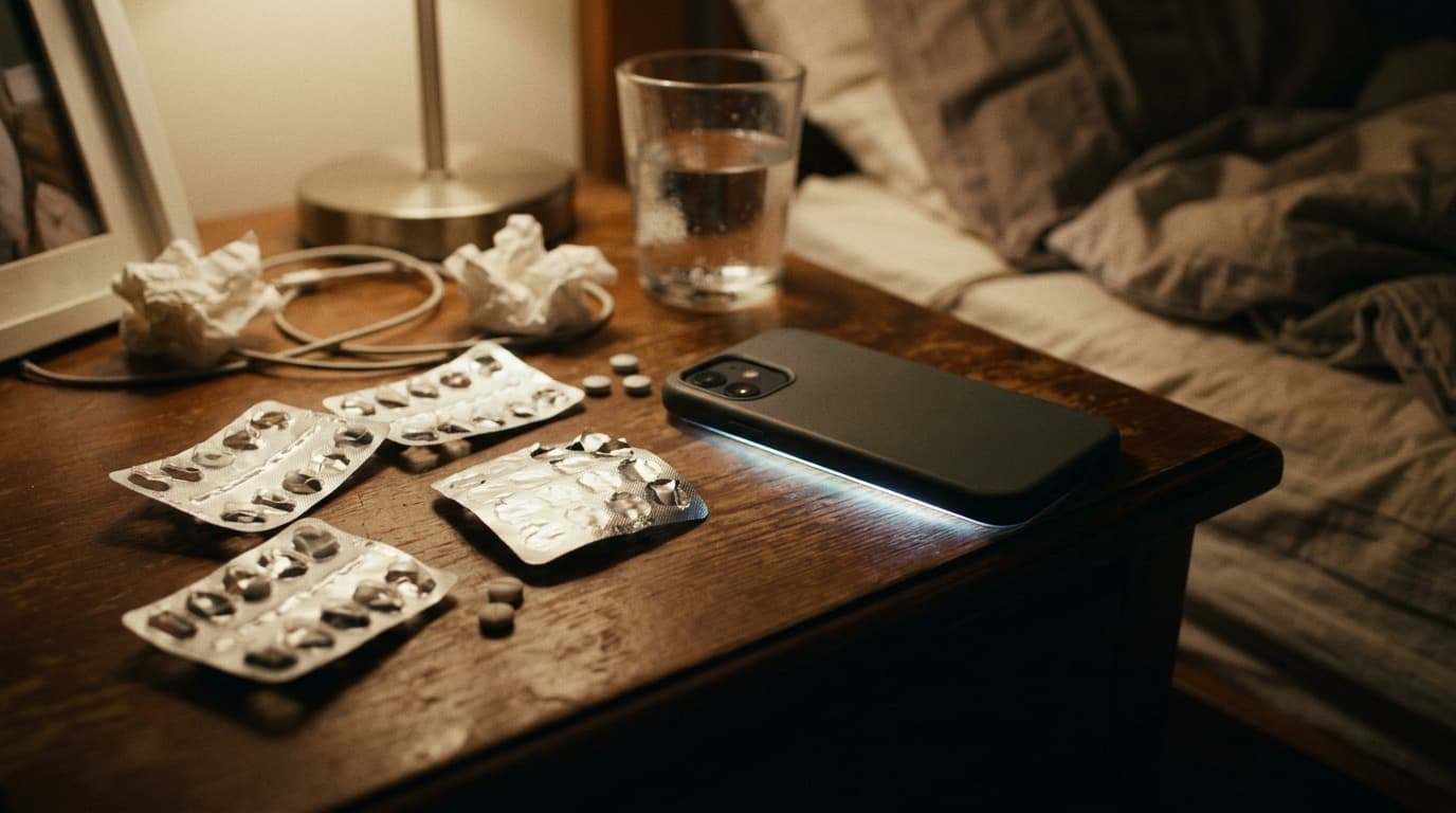 Blister packs of allergy medicine tablets on a nightstand beside a glowing phone screen, no people, no text, soft lamp light.