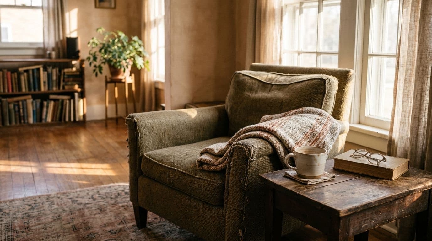 A worn armchair with a folded wool blanket sits beside a sunlit window, a half-empty mug on the side table.