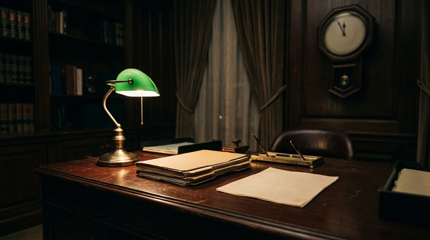 An empty U.S. Treasury ledger desk with a stamped document and a wall clock, no people, no text.